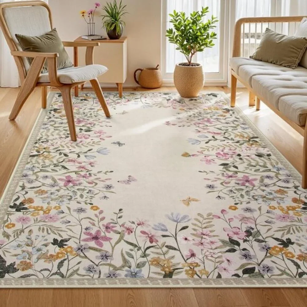 New 5x7 Washable Floral Rug, Non-Slip Botanical Carpet for Home & Room Decor